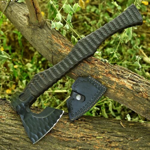 handmade bushcraft hatchet railroad steel ash wood black textured handle leather sheath camping survival firewood axe full view outdoor tool