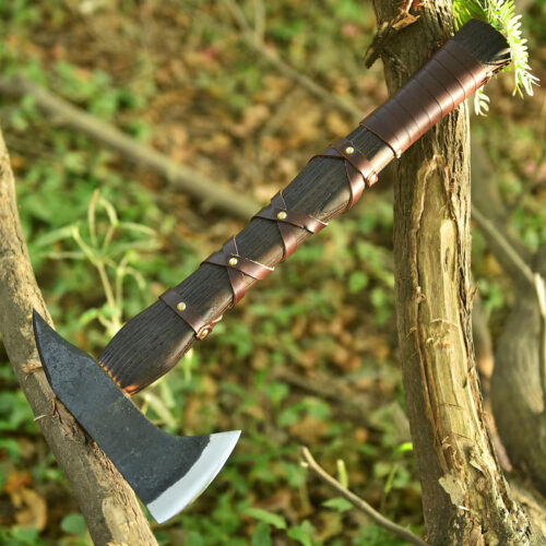 hand forged Indian style tomahawk axe 52100 high carbon steel ash wood rope handle leather case camping bushcraft survival outdoor tool full view