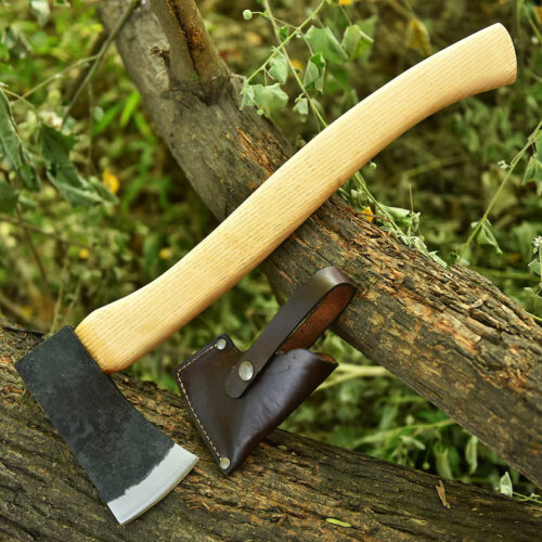 handmade forged hatchet railroad steel ash wood handle leather sheath camping bushcraft survival outdoor tool compact axe full view