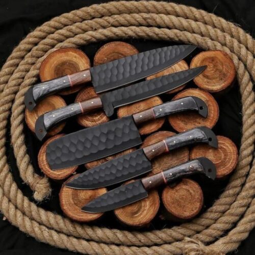 Hand-Forged 5-Piece Culinary Chef Knife Set – Damascus Steel with Wood Handles & Leather Sheath