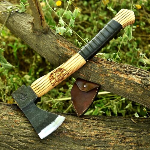 hand forged camping hatchet 52100 high carbon steel ash wood handle leather wrapped grip leather sheath bushcraft survival outdoor axe full view balanced design