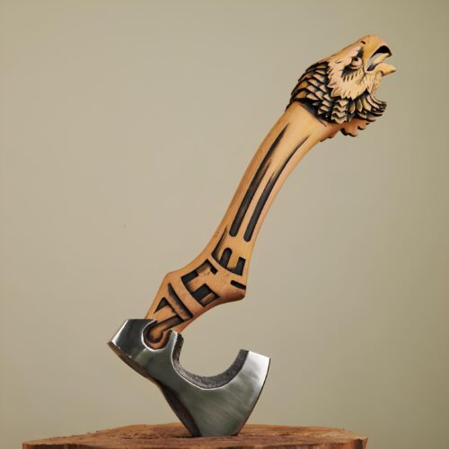 viking eagle axe sculpture hand forged carbon steel engraved eagle design hardwood handle Norse mythology display axe museum style collectible full view