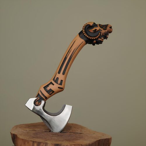 hand forged Viking battle axe high carbon steel carved hardwood handle Norse historical replica display axe warrior decor collectible full view