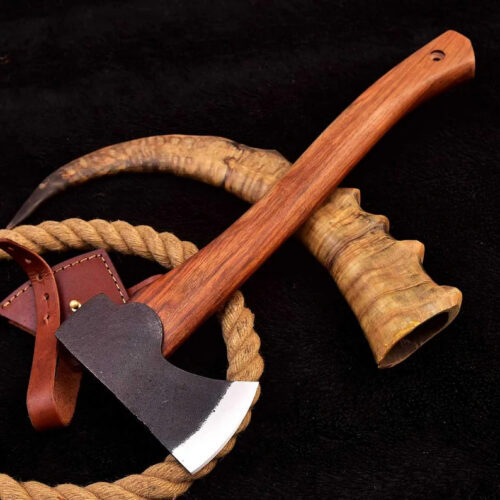 hand forged Viking axe 1095 carbon steel rosewood handle cowhide leather sheath Norse axe collectible display outdoor tool full view compact size