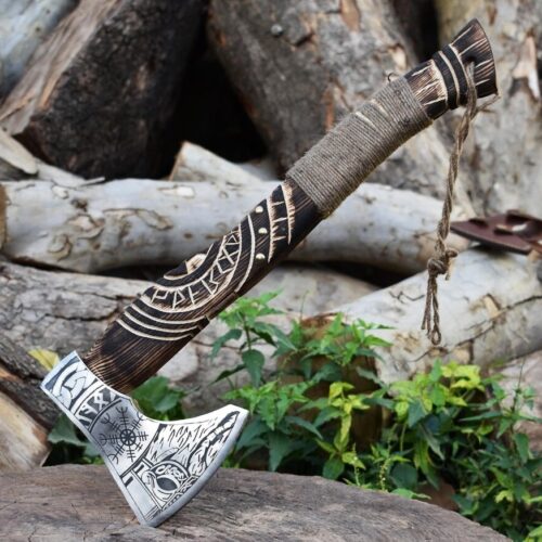 hand forged engraved Viking axe high carbon steel ash wood handle custom engraved Norse Norse gift collectible display axe full view leather sheath