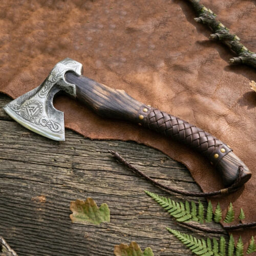 handmade carbon steel axe wood handle leather sheath camping hatchet outdoor utility axe full view balanced design