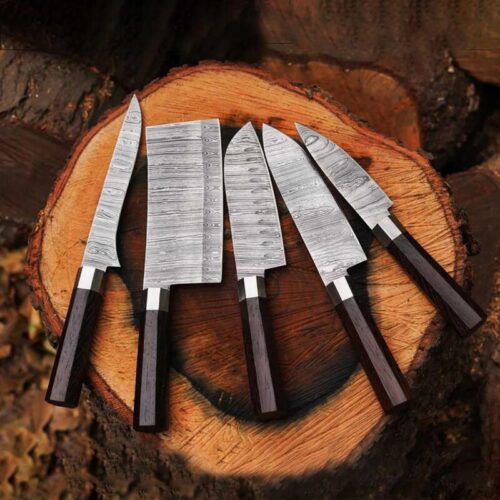 5-Piece Culinary Chef Knife Set – Damascus Steel Blades with Wenge Wood Handles & Leather Roll