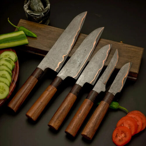 Copper Damascus Culinary Chef Knife Set 5 Pcs Kitchen Knives with Leather Roll Bag