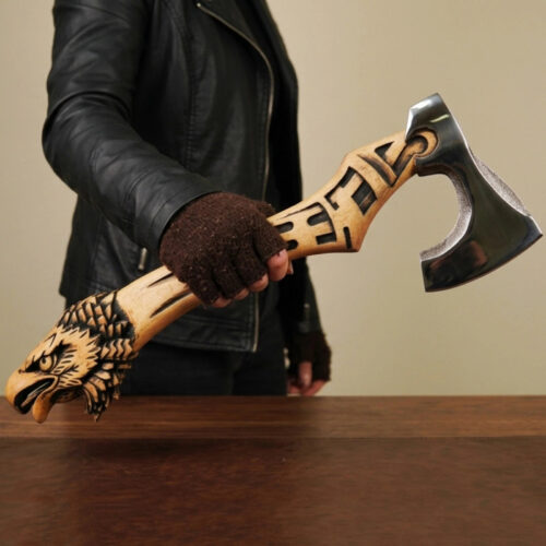 handmade Viking eagle axe carbon steel blade sculpted eagle handle leather sheath Norse warrior axe collectible display axe full view