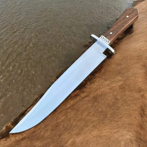 Historical replica Bowie knife 17 inch D2 tool steel mirror polished blade coffin wenge wood handle steel guard leather sheath collector outdoor knife full view