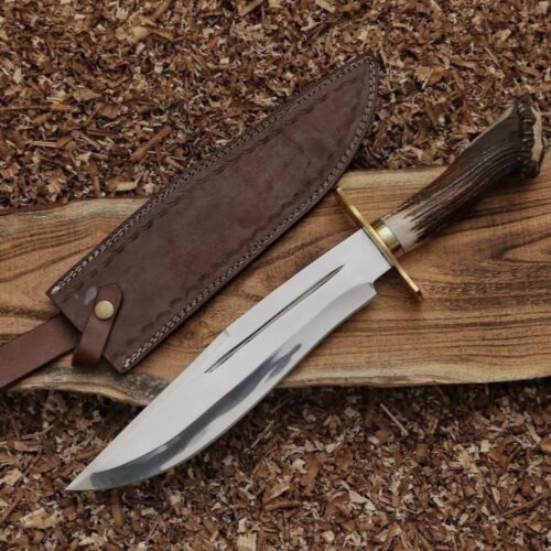 USA historical replica Bowie knife 17 inch high carbon stainless steel mirror polished blade stag horn handle brass guard full tang leather sheath outdoor collector knife full view