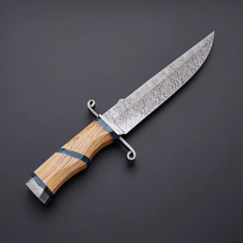 USA historical replica Bowie knife 17 inch Damascus steel 1095 15N20 blade color bone handle leather sheath HRC 59 collectible outdoor knife full view