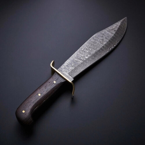 USA historical replica Bowie knife 17 inch Damascus steel blade wenge wood handle brass pommel leather sheath collector outdoor knife full view