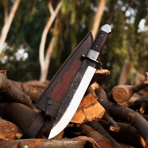 USA historical replica Bowie knife 17 inch hand forged stainless steel mirror polished blade wooden handle Damascus guard pommel leather sheath HRC 59 full view