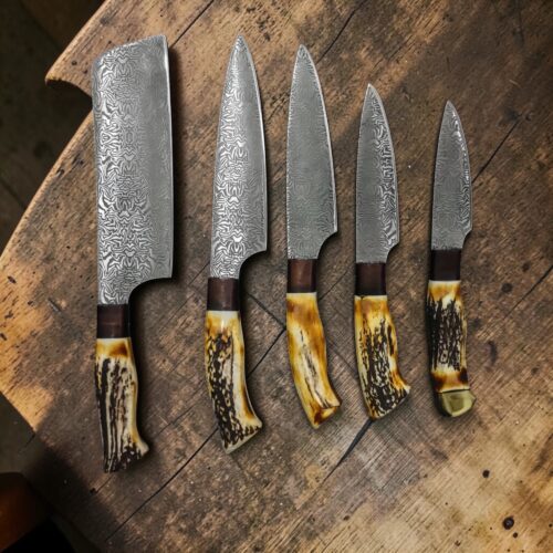 Luxury Damascus Culinary Chef Knife Set Handmade Kitchen Knives with Antler & Brass Handles