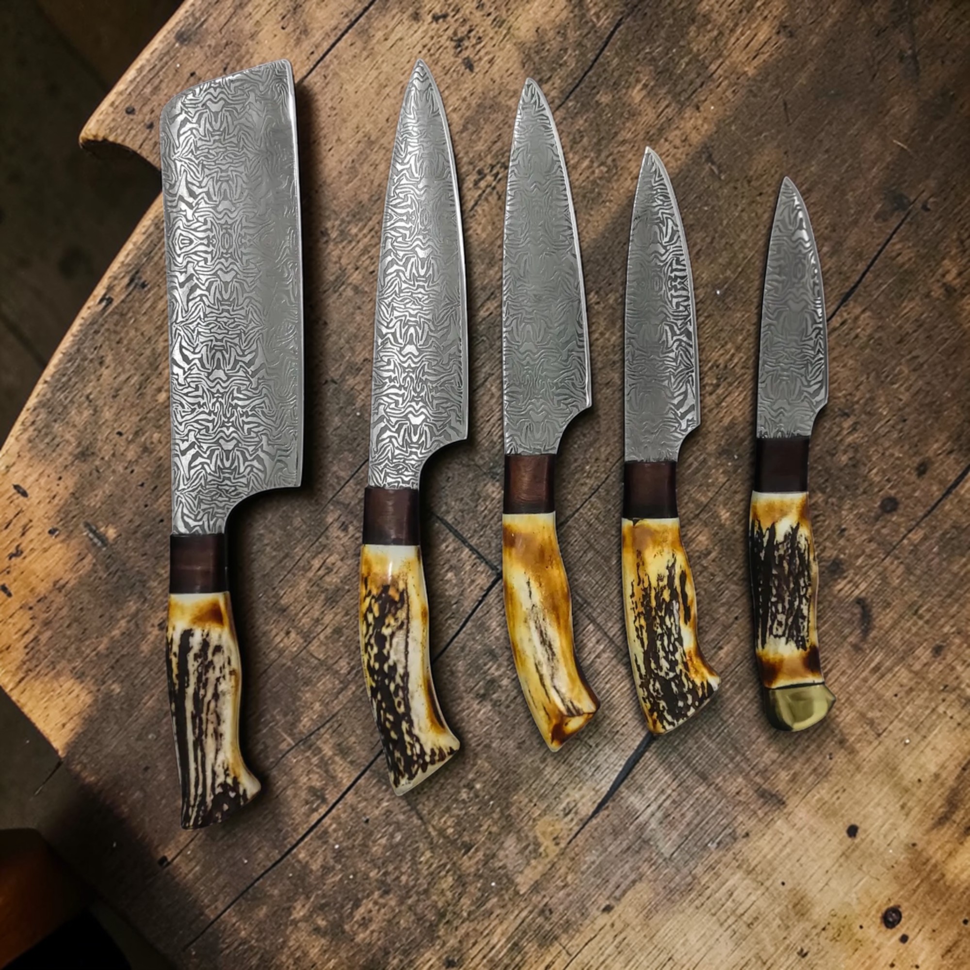 Luxury Damascus Culinary Chef Knife Set Handmade Kitchen Knives with Antler & Brass Handles