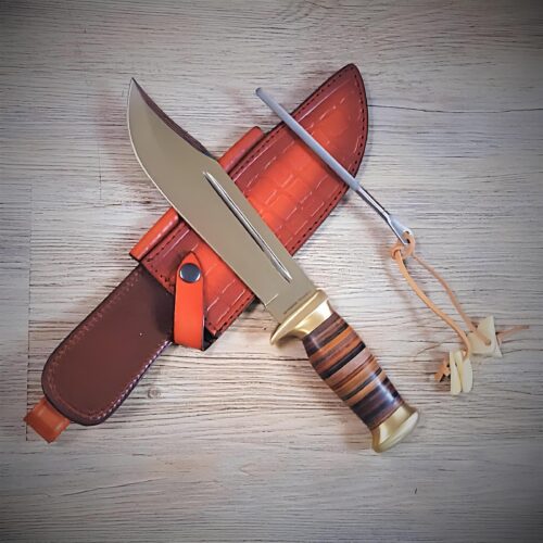 USA historical replica Bowie knife 18 inch 440C stainless steel hollow ground blade blood groove ebony wood leather brass handle full tang leather sheath outdoor hunting EDC knife full view