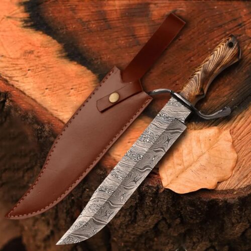 USA historical replica Bowie knife 17 inch hand forged Damascus steel wave pattern blade ash wood handle brass spacers leather sheath frontier knife full view