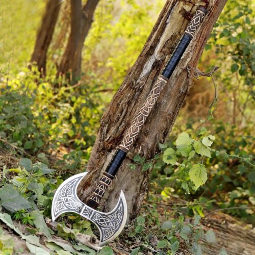 handmade double head Viking axe 35 inch high carbon steel dual blade ash wood handle leather sheath full size bushcraft camping axe full view