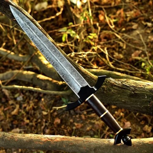Mini Damascus steel sword 23 inch hand forged blade layered pattern ergonomic handle leather sheath USA historical replica outdoor knife full view