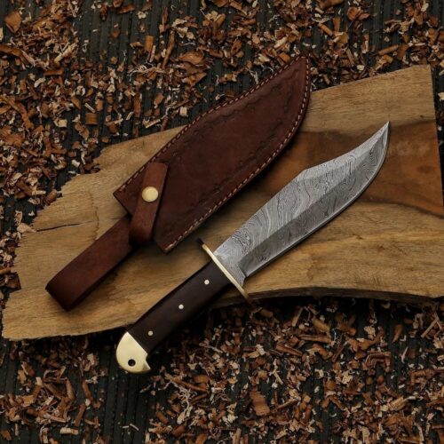James Bowie replica knife 15 inch Damascus steel rosewood handle historical replica with leather sheath full view USA bowie knife