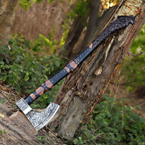 hand forged Viking Fenrir wolf axe 37 inch high carbon steel blade ash wood handle leather wrapped grip leather sheath full view outdoor axe