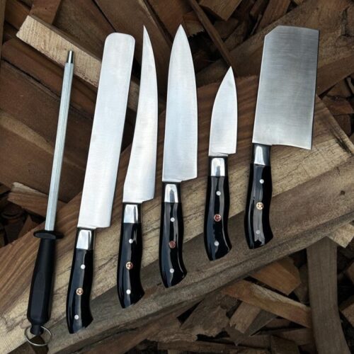 Handmade Culinary Chef Knife Set – 6 Pcs Kitchen Knives with Sharpening Rod