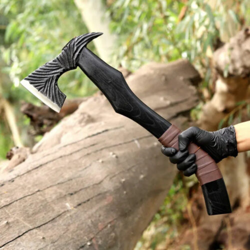 handmade engraved Viking axe 20 inch steel blade Nordic etching carved wooden handle leather sheath bushcraft camping axe full view