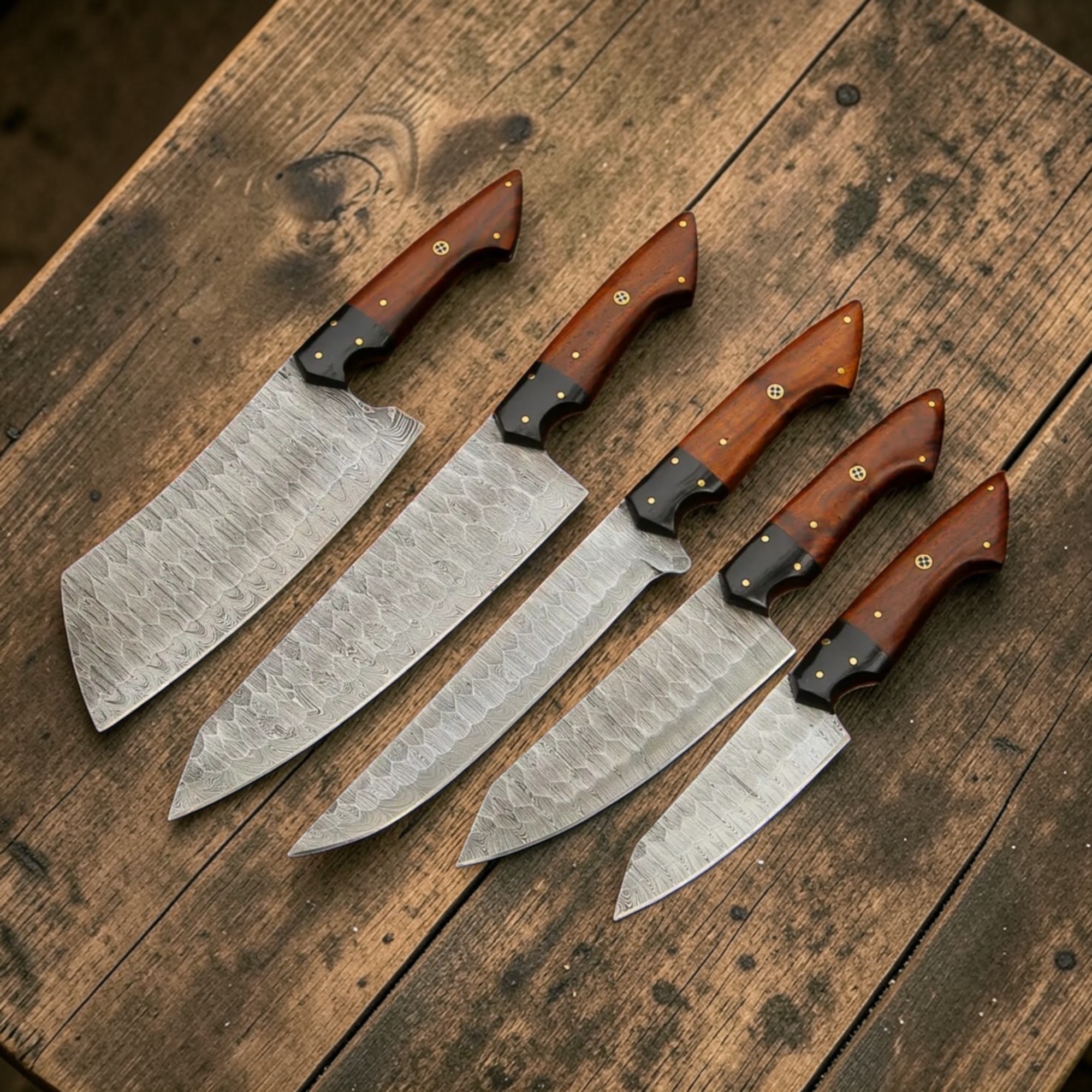 Luxury Damascus Culinary Chef Knife Set – 5 Pcs Kitchen Knives with Leather Roll Bag