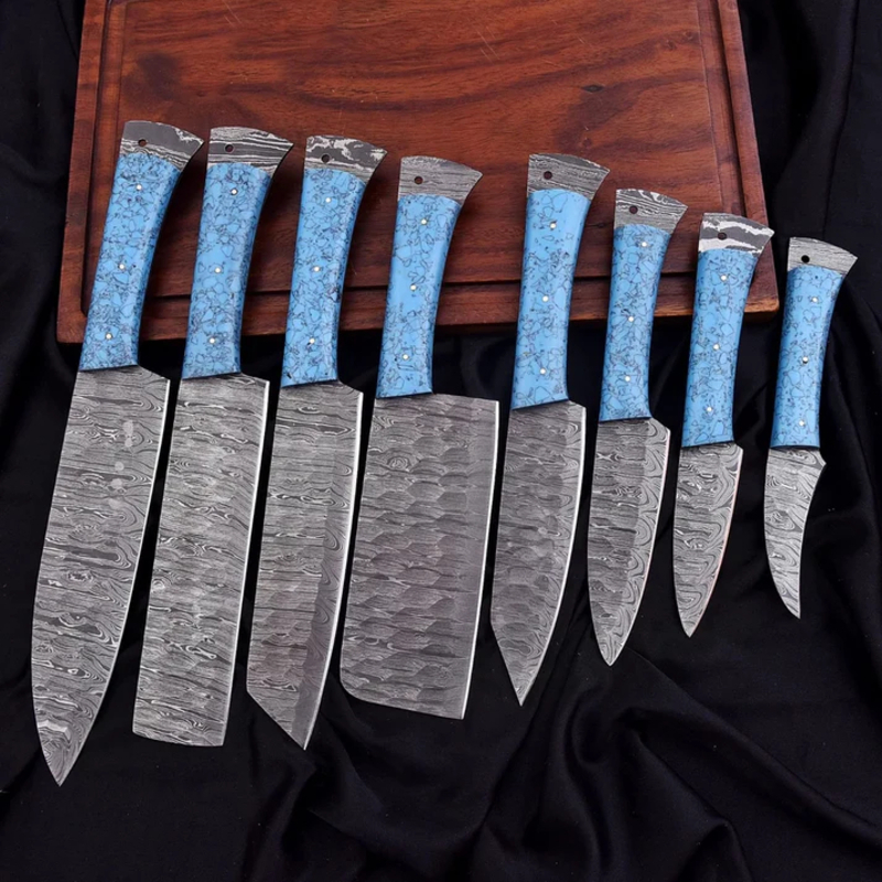 Custom Handmade Culinary Chef Knife Set – 8 Piece Damascus Kitchen Knives with Turquoise Resin Handles & Leather Bag Custom Handmade Culinary Chef Knife Set – 8 Piece Damascus Kitchen Knives with Turquoise Resin Handles & Leather Bag