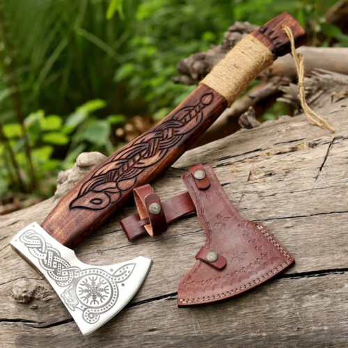 handmade engraved Viking axe Nordic knot carved wooden handle steel blade leather sheath Norse bushcraft camping axe full view collectible display