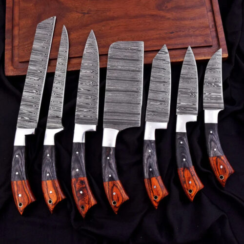 Custom Handmade Culinary Chef Knife Set – 7 Piece Damascus Kitchen Knives with Wood Handles & Leather Bag
