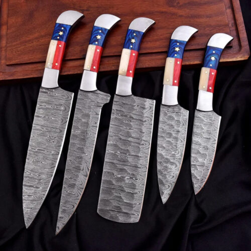 Custom Handmade Culinary Chef Knife Set – 5 Piece Damascus Kitchen Knives with Texas Style Handles & Leather Bag