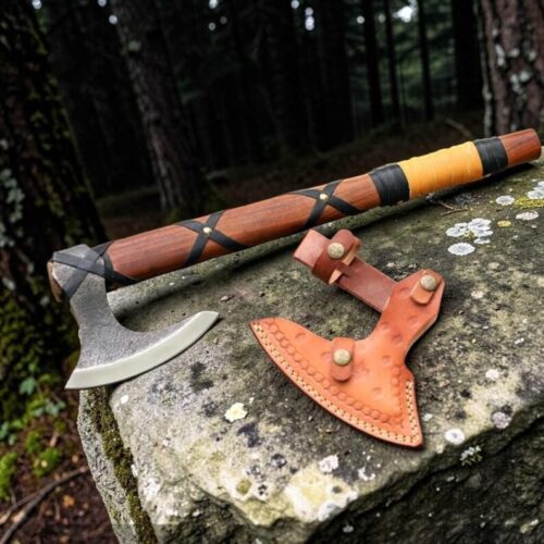 hand forged Viking bearded hatchet carbon steel blade hardwood handle wrapped grip wooden presentation case Norse collectible display axe full view