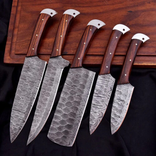 Professional Kitchen Culinary Knife Collection – 5 Piece Hand Forged Damascus Steel Chef Set with Wooden Grip & Leather Storage Roll