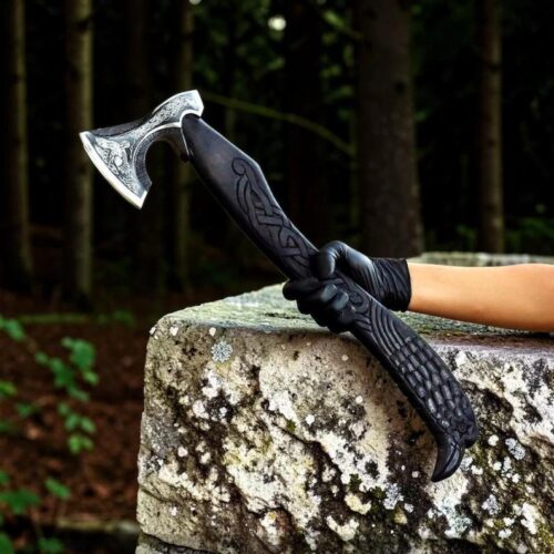 hand forged Viking bearded axe raven engraved carbon steel Norse mythology Celtic knotwork hardwood handle wooden display box leather sheath collectible gift set full view