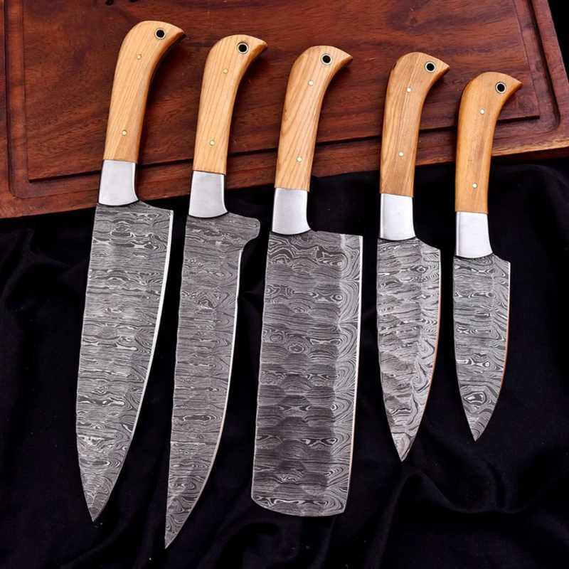 Artisan Culinary Chef Knife Set – 5 Piece Hand Forged Damascus Kitchen Knives with Hammered Finish, Wooden Handles & Leather Roll