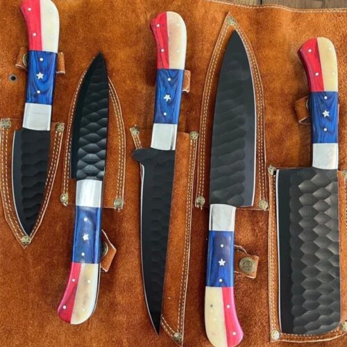 Hand-Forged D2 Steel Chef Knife Set – 5 Piece Texas Flag Style Kitchen Knives with Wood & Camel Bone Handles