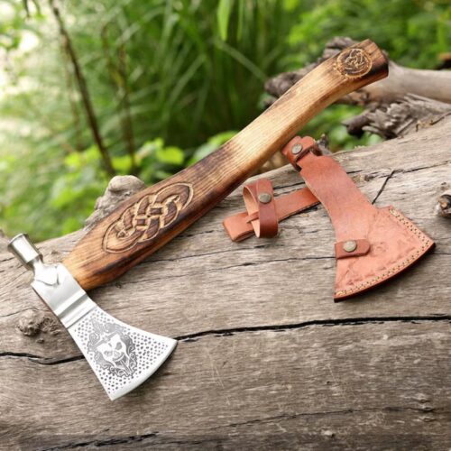 hand forged Viking bearded hatchet engraved carbon steel axe ash wood handle wooden gift case Norse collectible display axe full view