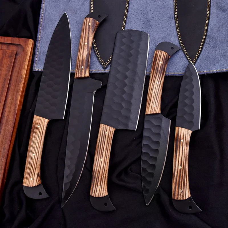 Hand-Forged D2 Steel Chef Knife Set – 5 Piece Kitchen Knives with Ash Wood Handles & Leather Roll Bag - Image 2