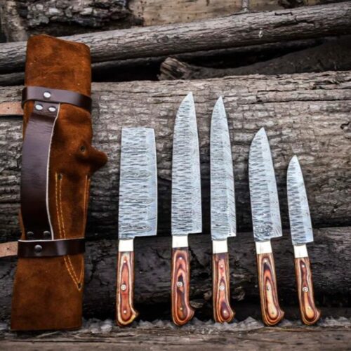 Hand-Forged 5-Piece Damascus Steel Culinary Chef Knife Set – Wood Handles with Leather Roll Bag