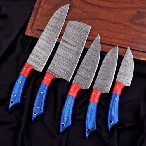 Hand-Forged Damascus Chef Knife Set – 5 Piece Kitchen Knives with Wood Handles & Mosaic Pins