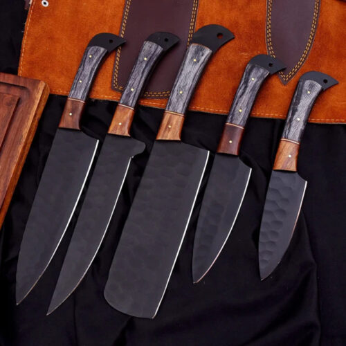 Hand-Forged D2 Steel Chef Knife Set – 5 Piece Kitchen Knives with Wood Handles & Leather Roll Bag