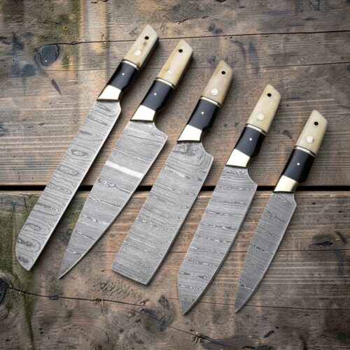 Hand-Forged 5-Piece Damascus Chef Knife Set – Cow Bone & Black Horn Handles with Leather Roll Bag