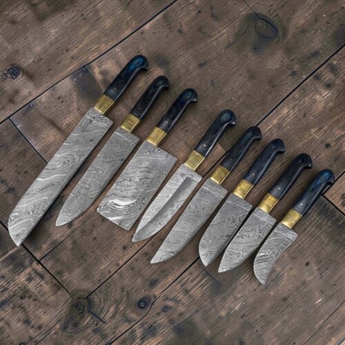 Hand-Forged 8-Piece Damascus Chef Knife Set – Blue Wood Handles with Leather Roll Case