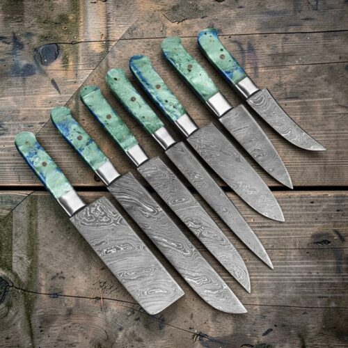 Hand-Forged 7-Piece Damascus Chef Knife Set – Acrylic Resin Handles with Laminated Leather Case
