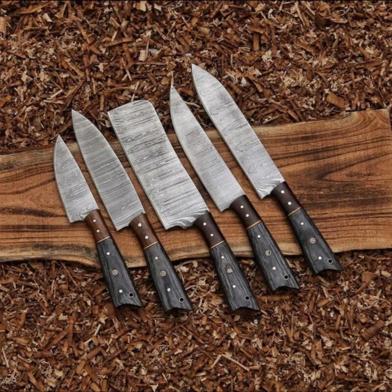 Handmade 5-Piece Damascus Culinary Chef Knife Set – Wood Handles with Leather Roll Bag