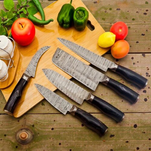 5-Piece Handmade Damascus Chef Knife Set – Chef, Fillet, Cleaver, Paring Knives with Leather Sheath