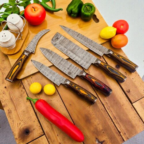 Handmade 5-Piece Damascus Chef Knife Set – Wood Handles for Home & Professional Kitchens
