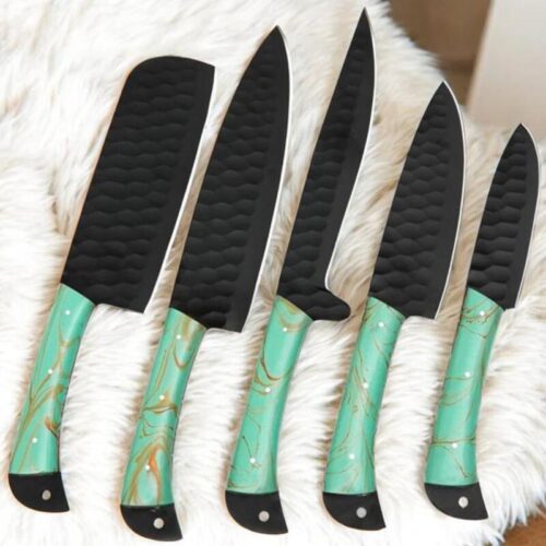 Modern Culinary Chef Knife Kit – 5 Piece D2 Steel Kitchen Set with Black Hammered Blades, Green Resin Handles & Leather Case